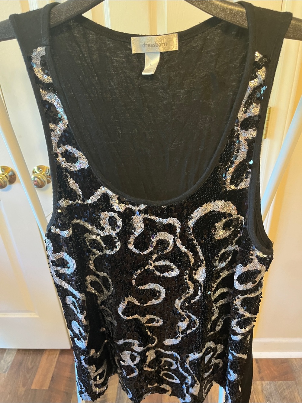 dressbarn Black Tank Top with Silver Sequin Swirl Pattern